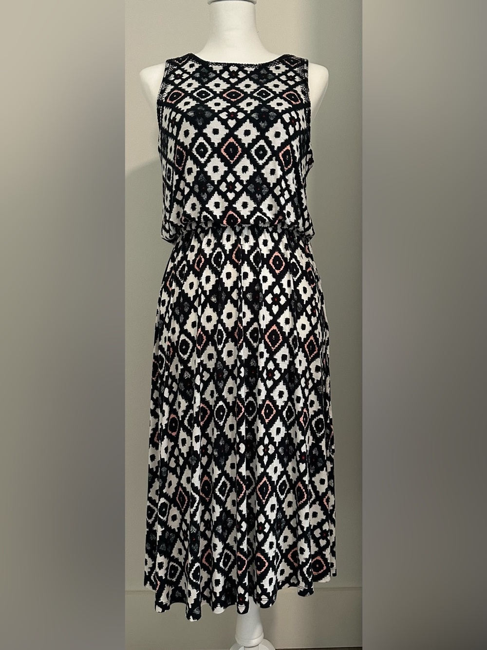 LOFT Black, White & Pink Geometric Midi Dress